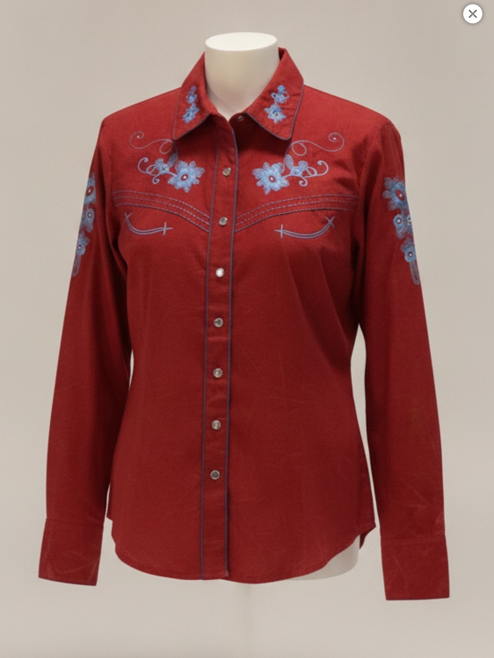 Cattlelac Ranch Women's Red Embroidered Western Shirt - Blue Floral Accents